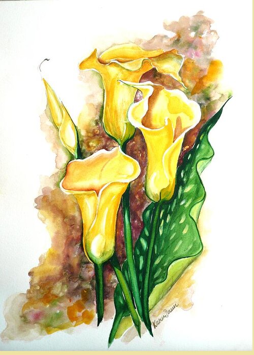  Flower Paintings Floral Paintings `yellow Flower Paintings  Lily Paintings Calla Lily Paintings  Botanical Paintings Greeting Card Paintings Canvas Print Paintings Poster Print Paintings Greeting Card featuring the painting Yellow Callas by Karin Dawn Kelshall- Best