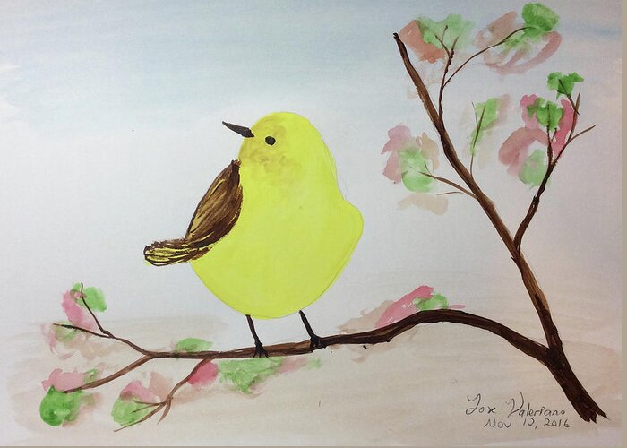 Watercolor Painting Greeting Card featuring the painting Yellow Chickadee on a branch by Martin Valeriano