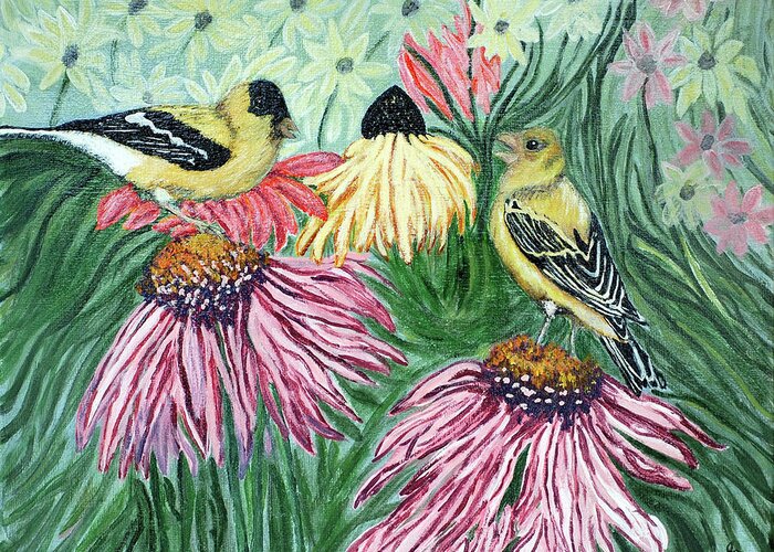 Finch Greeting Card featuring the painting Yellow Finches by Ann Ingham
