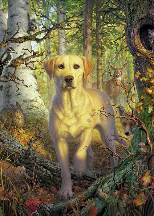 Labrador Greeting Card featuring the digital art Yellow Lab in Fall by Mark Fredrickson