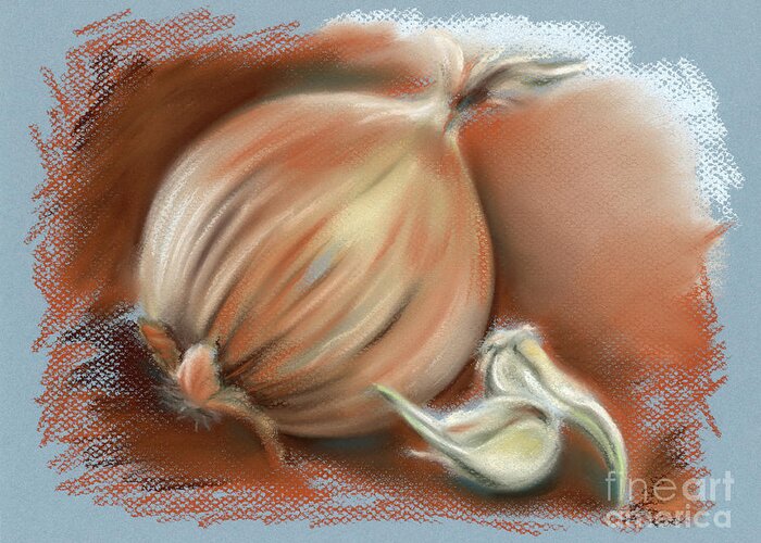 Onion Greeting Card featuring the pastel Yellow Onion and Sprouting Garlic by MM Anderson