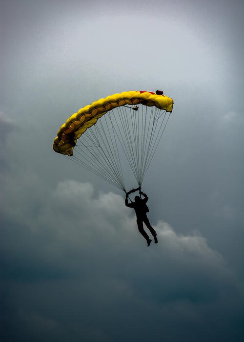 Skydiving Greeting Card featuring the photograph Yellow Parachute Over The Clouds by Andreas Berthold