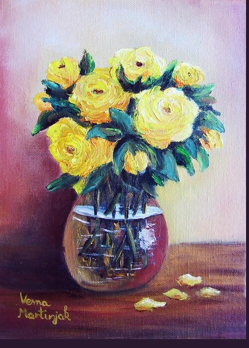 Yellow Greeting Card featuring the painting Yellow Roses by Vesna Martinjak