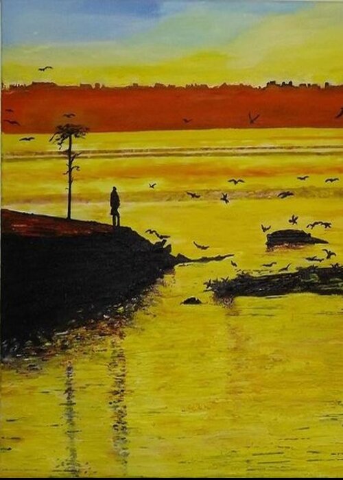 Acrylic Landscape Greeting Card featuring the painting Yellow Sea by Denise Morgan