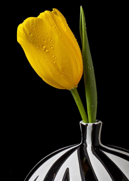 Yellow Greeting Card featuring the photograph Yellow tulip in striped vase by Garry Gay