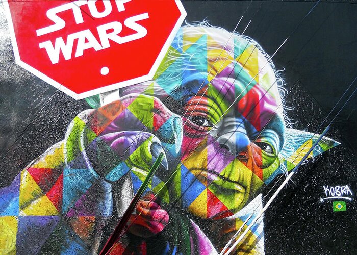 Graffiti Greeting Card featuring the photograph Yoda - Stop Wars by Juergen Weiss