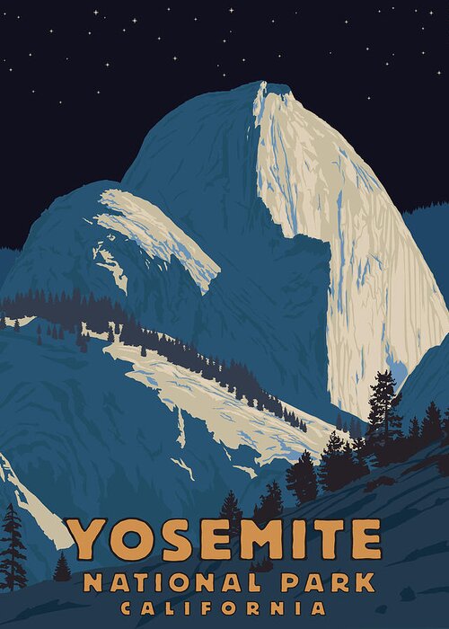 Travel Poster Greeting Card featuring the digital art Yosemite Half Dome at Night by Steve Forney