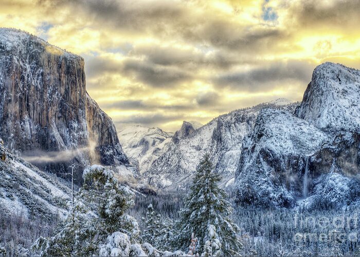 Winter Greeting Card featuring the photograph Yosemite National Park Amazing Tunnel View Winter Beauty by Wayne Moran