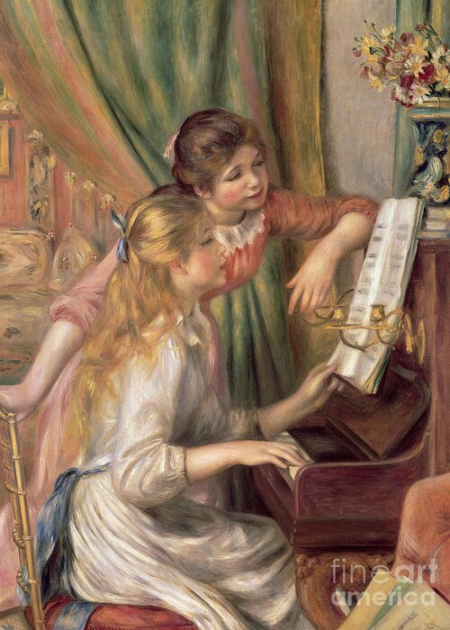 Young Greeting Card featuring the painting Young Girls at the Piano by Pierre Auguste Renoir