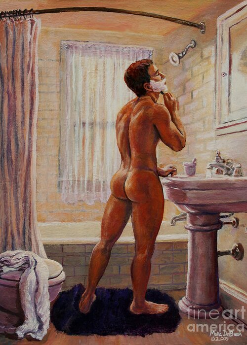 Bathroom Greeting Card featuring the painting Young Man Shaving by Marc DeBauch