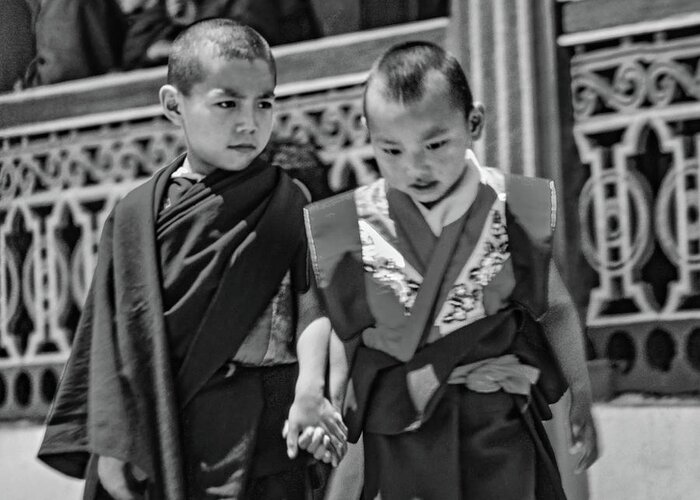 Rumtek Monastery Greeting Card featuring the photograph Young Monks - Buddies bw by Steve Harrington