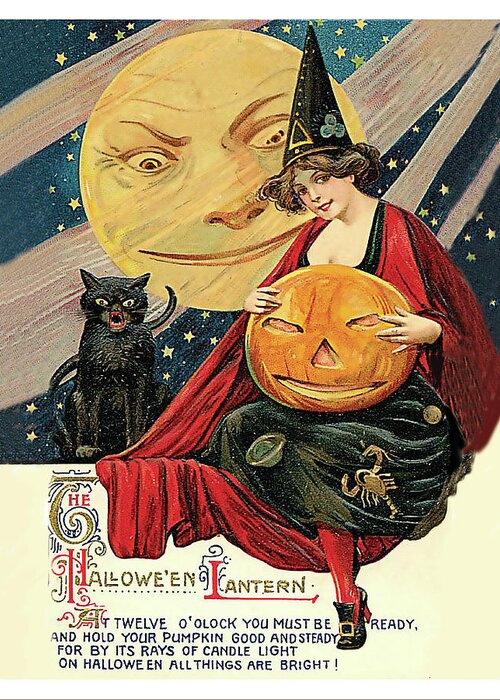 Young Witch Greeting Card featuring the mixed media Young witch with Halloween lantern by Long Shot