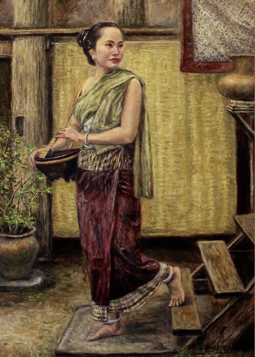 Lao Woman Greeting Card featuring the painting Young Woman Going to the Market by Sompaseuth Chounlamany