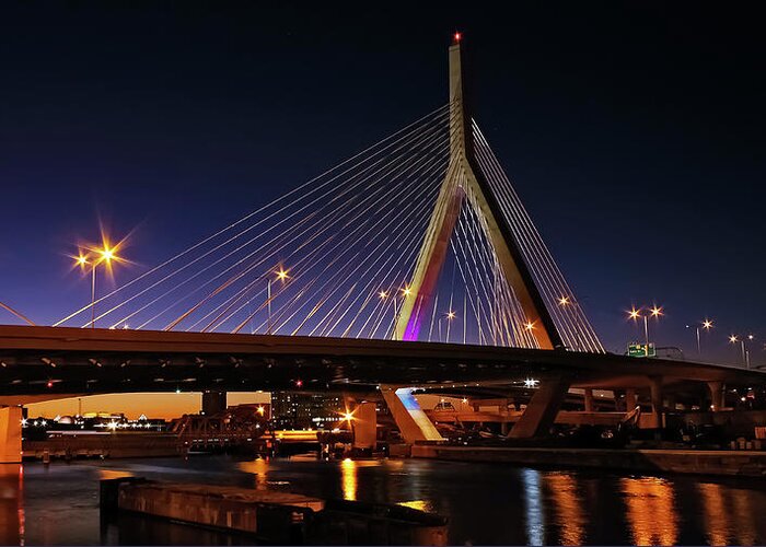 Landscape Greeting Card featuring the photograph Zakim Bridge Boston Massachusetts at Night by Betty Denise