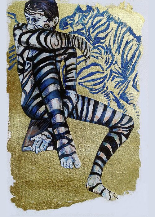 Zebra Boy Greeting Card featuring the painting Zebra Boy the Lost Gold Drawing by Rene Capone