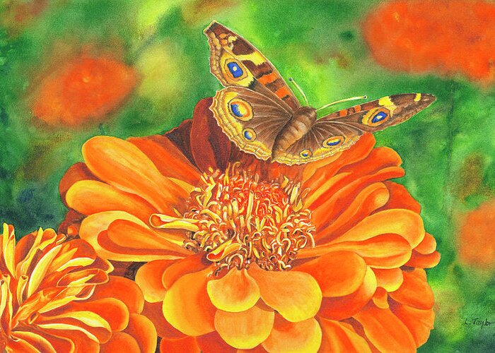 Zinnia With Butterfly Greeting Card featuring the painting Zinnia Runway by Lori Taylor