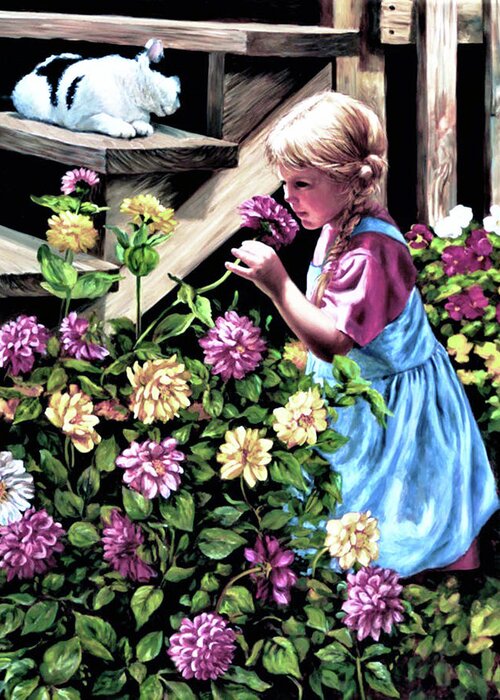 Zinnias Greeting Card featuring the painting Zinnias and Elizabeth by Marie Witte