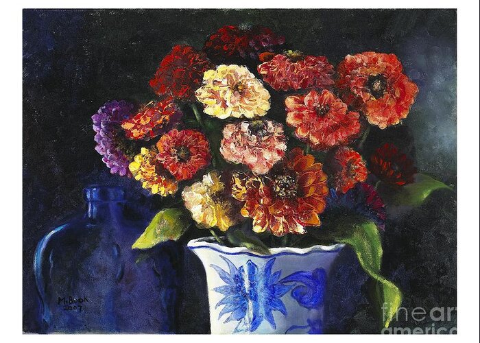 Still Life Greeting Card featuring the painting Zinnias by Marlene Book