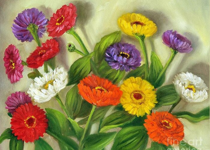 Zinnias Greeting Card featuring the painting Zinnias by Rand Burns