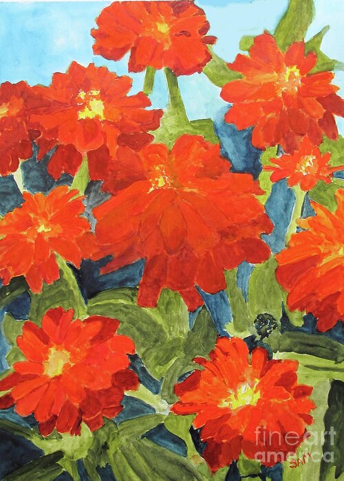 Zinnia Greeting Card featuring the painting Zinnias by Sandy McIntire