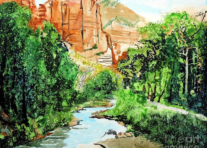 Utah Greeting Card featuring the painting Zion and The Virgin River Two by Tom Riggs