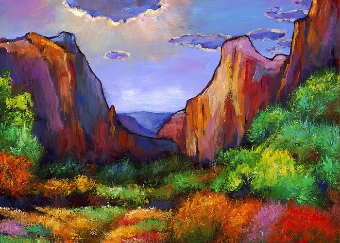 Southwest Landscapes Greeting Card featuring the painting Zion Dreams by Johnathan Harris