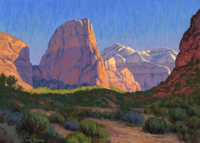 Zion National Park Greeting Card featuring the painting Zion Light Show by Cody DeLong