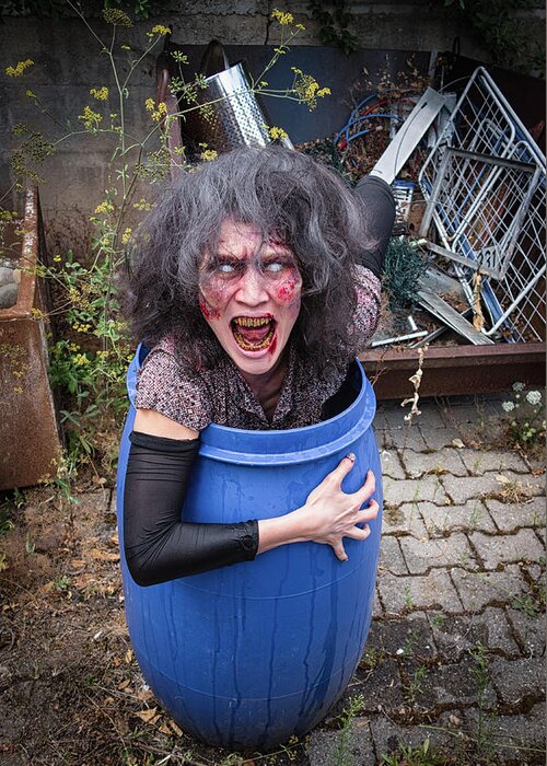 Zombie Greeting Card featuring the photograph Zombie in barrel by Matthias Hauser