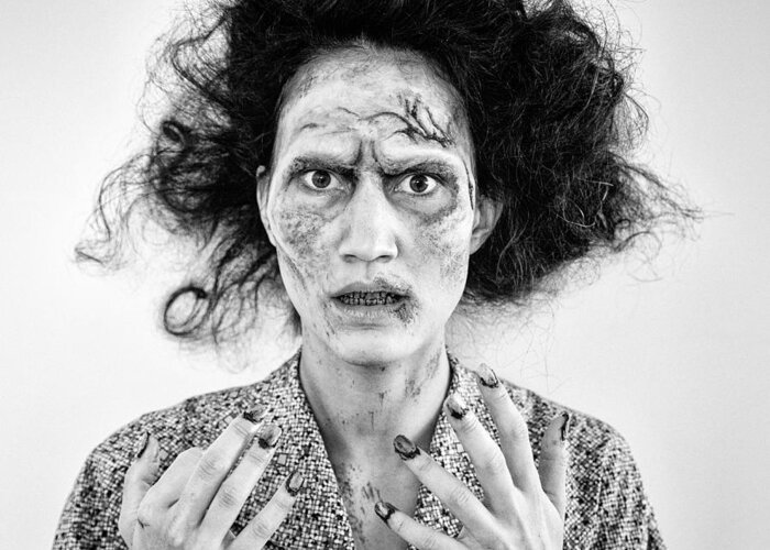 Zombie Greeting Card featuring the photograph Zombie woman portrait black and white by Matthias Hauser