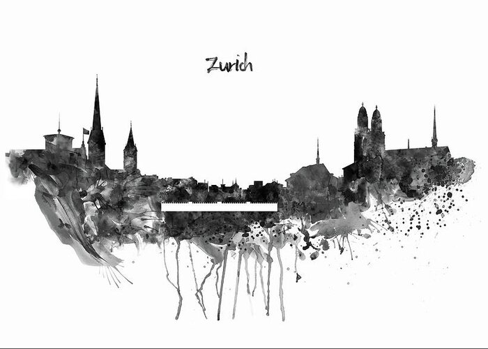 Marian Voicu Greeting Card featuring the painting Zurich Black and White Skyline by Marian Voicu