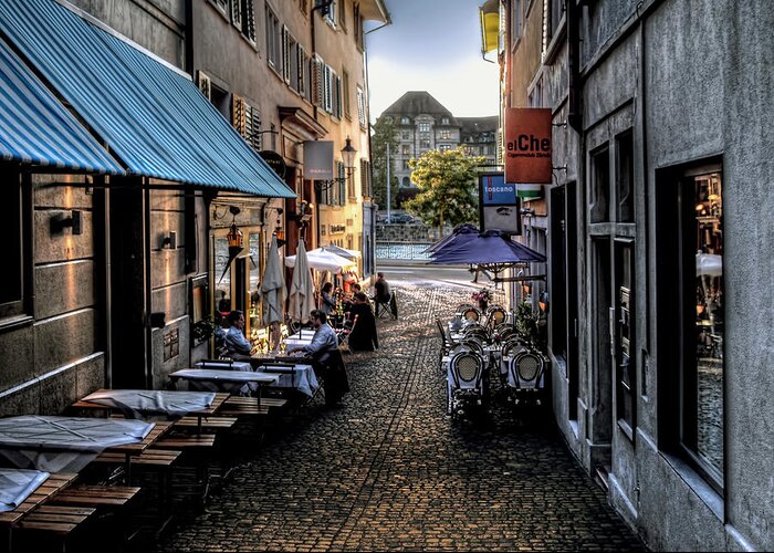 Urban Greeting Card featuring the photograph Zurich Old Town cafe by Jim Hill