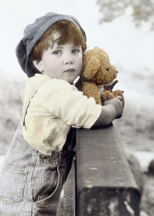 Little Boy Leaning On Bridge Railing With Teddy Bear Greeting Card featuring the photograph 071 Bear Up by Sharon Forbes