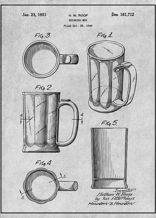 1949 Beer Mug Patent Print Greeting Card featuring the drawing 1949 Beer Mug Gray Patent Print by Greg Edwards