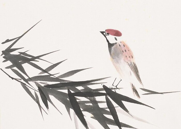 Songbird Greeting Card featuring the digital art A Sparrow And Bamboo Leaves #1 by Daj