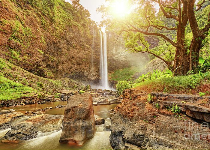 Waterfall Greeting Card featuring the photograph Beautiful waterfall hidden in the tropical jungles panorama view #1 by MotHaiBaPhoto Prints