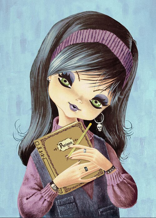 Big Eye Girl Greeting Card featuring the drawing Big-eyed girl goes goth #1 by CSA Images