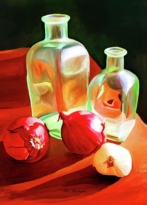 Bottles And Onion Greeting Card featuring the mixed media Bottles And Onion #1 by Ata Alishahi