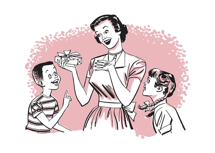 Animated Greeting Card featuring the drawing Boy and Girl Giving Gift to Their Mother #1 by CSA Images