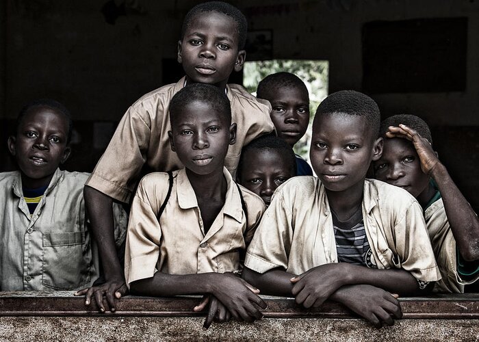 Portrait Greeting Card featuring the photograph Boys At School In Benin by Joxe Inazio Kuesta Garmendia