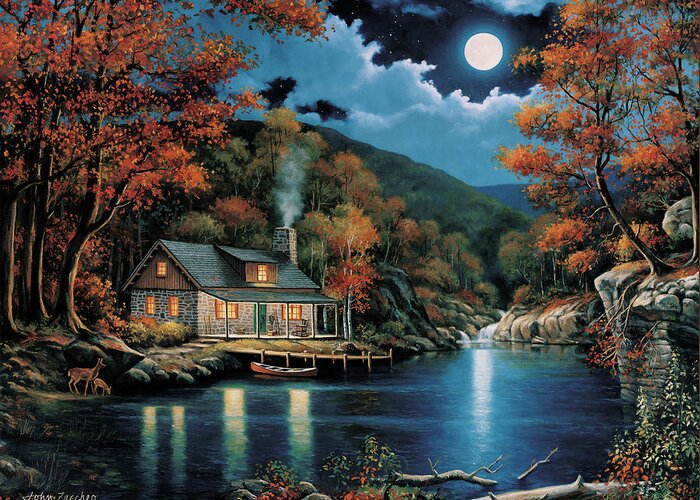 Cabin By The Lake Greeting Card featuring the painting Cabin By The Lake #1 by John Zaccheo