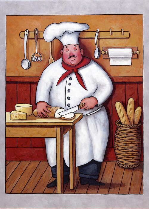 A Chef Cutting A Loaf Of Bread With Cheese Sitting Beside Him On Table Greeting Card featuring the painting Chef 3 by John Zaccheo