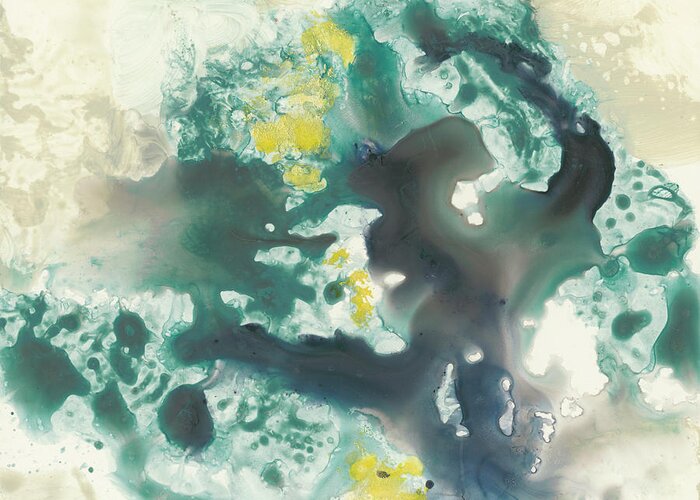 Abstract Greeting Card featuring the painting Citron Satellites I #1 by Jennifer Goldberger