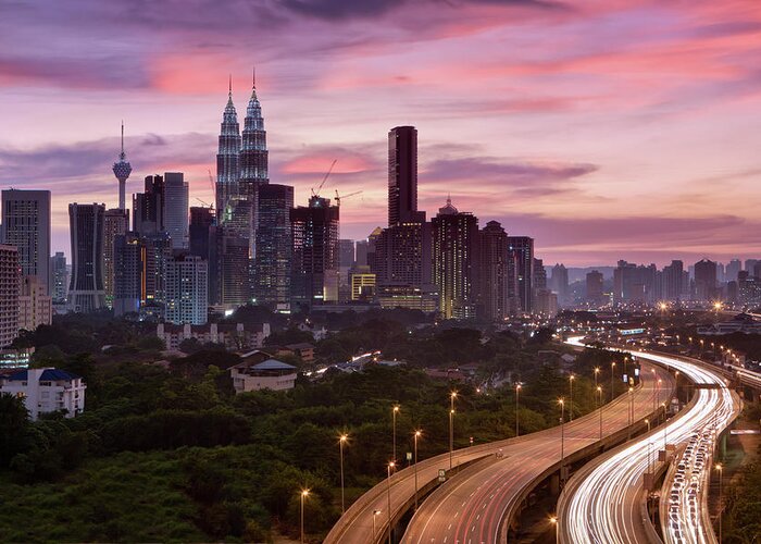 Scenics Greeting Card featuring the photograph City Skyline - Kuala Lumpur At Dusk #1 by Hadynyah