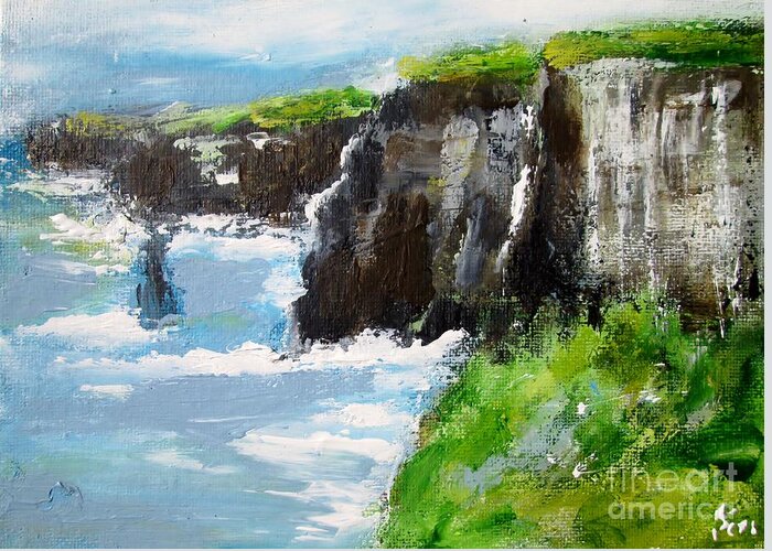 Cliffs Of Moher County Clare Ireland Greeting Card featuring the painting Cliffs of moher painting ireland #1 by Mary Cahalan Lee - aka PIXI