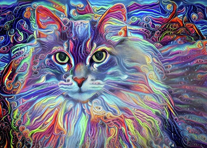 Long Haired Cat Greeting Card featuring the digital art Colorful Long Haired Cat Art by Peggy Collins