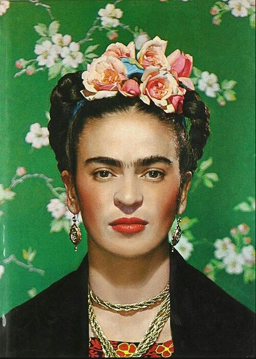 Colourful Frida Kahlo Portrait For Vogue Greeting Card featuring the photograph Colourful Frida kahlo Portrait for Vogue #1 by Arty Fame