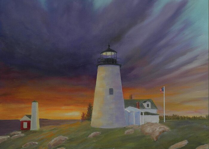 Lighthouse Sea Ocean Storm Pemaquid Clouds Greeting Card featuring the painting Coming Storm #1 by Scott W White