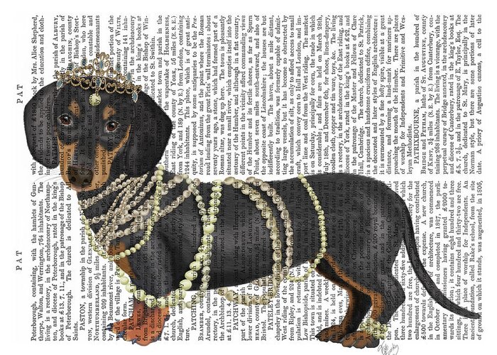 Steampunk Greeting Card featuring the painting Dachshund And Pearls #1 by Fab Funky