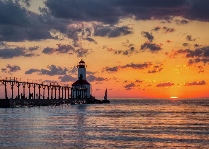 Architecture Greeting Card featuring the photograph Dramatic Sunset at Michigan City East Pierhead Lighthouse #1 by Andy Konieczny