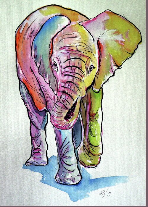 Animal Greeting Card featuring the painting Elephant baby #1 by Kovacs Anna Brigitta